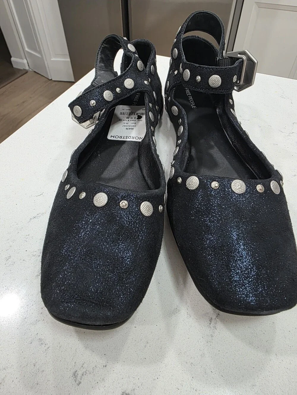 Free People Navy Metallic Mystic studded Mary Jane Flats size 9.5